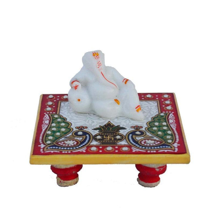 Religious craft titled 'Ganesha resting on Marble Chowki', 4x4x4 inches, by artist E Craft on Marble