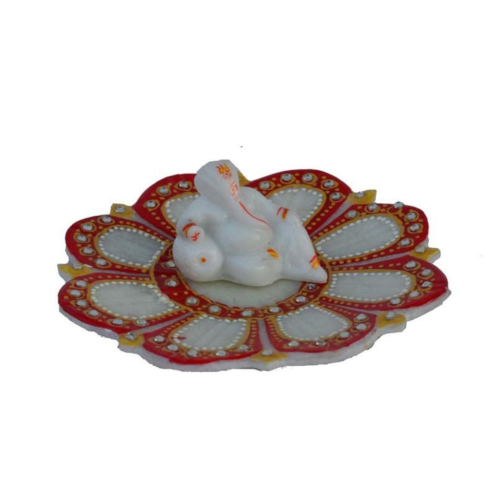 Religious craft titled 'Ganesha resting on Marble Lotus Plate', 6x6x3 inches, by artist E Craft on Marble