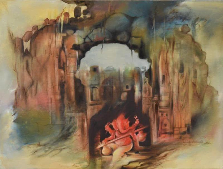 Religious oil painting titled 'Ganesha Shashivarnam', 48x36 inches, by artist Durshit Bhaskar on Canvas