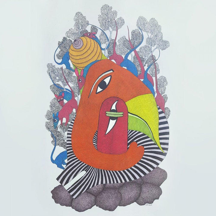 Folk Art gond traditional art titled 'Ganesha Shiva Clan Gond Art', 36x22 inches, by artist Durgesh Marawi on Canvas