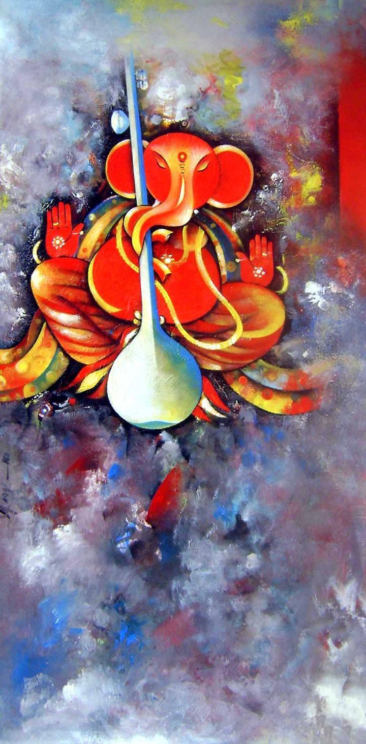 Religious acrylic painting titled 'Ganesha Siddhidata', 48x24 inches, by artist M Singh on Canvas