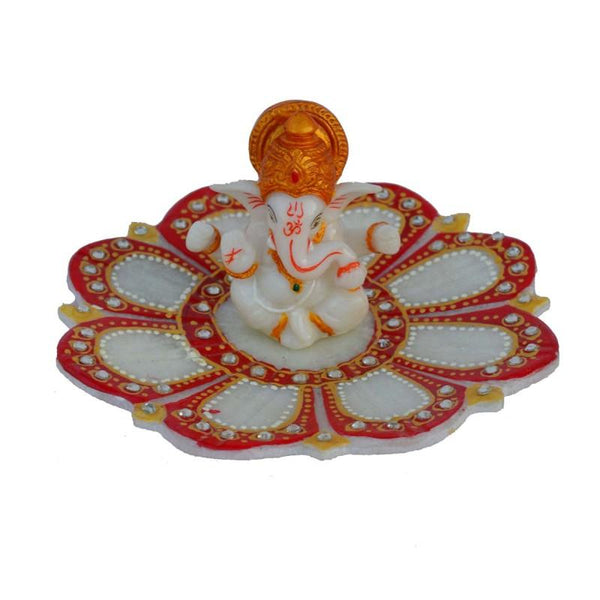 Religious craft titled 'Ganesha sitting on Marble Lotus Plate', 6x6x3 inches, by artist E Craft on Marble