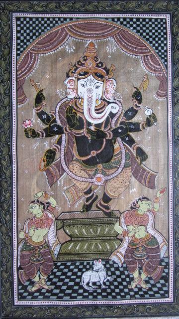 Folk Art fabric painting titled 'Ganesha Tasar Cloth Painting I', 12x26 inches, by artist Pradeep Swain on Cloth