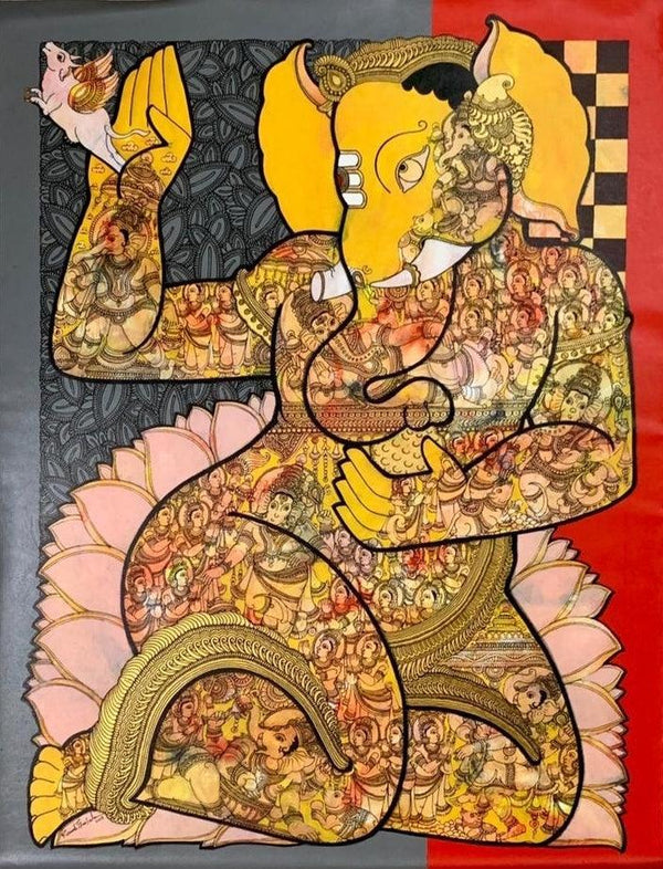 Religious acrylic painting titled 'Ganesha ( Vighnaharta )', 36x27 inches, by artist Ramesh Gorjala on Canvas