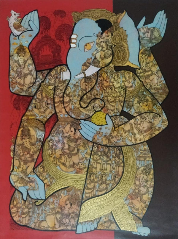 Religious acrylic painting titled 'Ganesha (Vinayaka)', 48x36 inches, by artist Ramesh Gorjala on Canvas