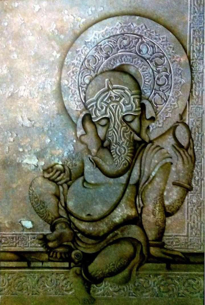 Religious mixed media painting titled 'Ganesha With Blessings', 72x48 inches, by artist Mohd. Shakeel Saifi on Canvas