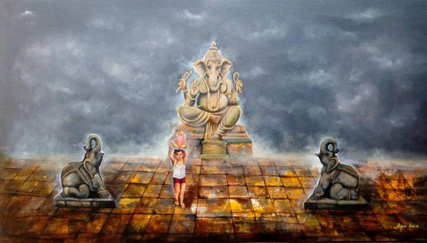 Religious acrylic painting titled 'Ganesha With Child', 33x60 inches, by artist Arjun Das on Canvas