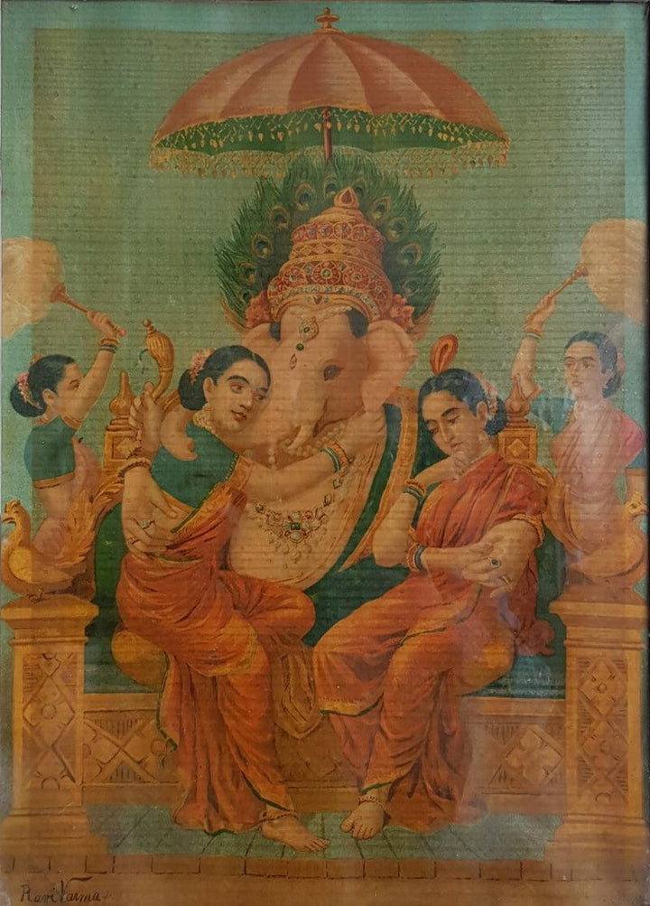 Religious oleograph painting titled 'Ganesha With Conserts Riddi And Siddi', 21x15 inches, by artist Raja Ravi Varma on Paper