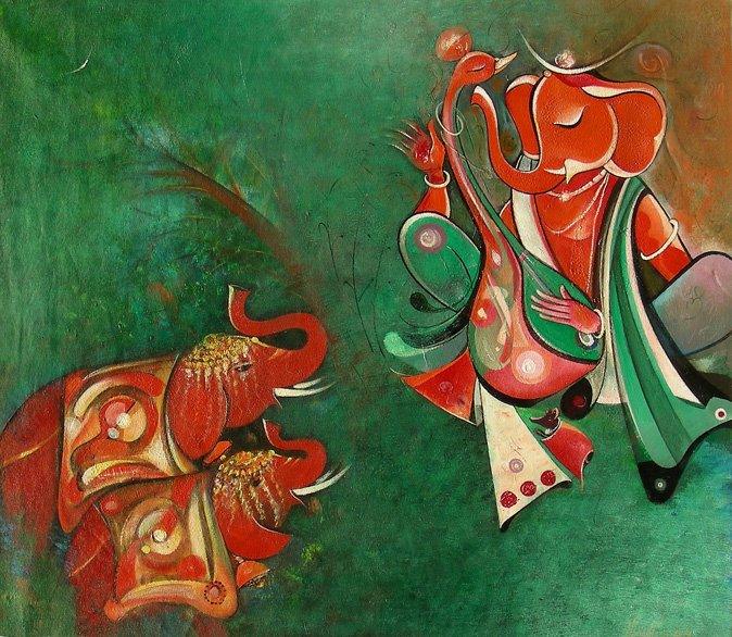 Religious acrylic painting titled 'Ganesha with Elephants', 28x24 inches, by artist M Singh on Canvas