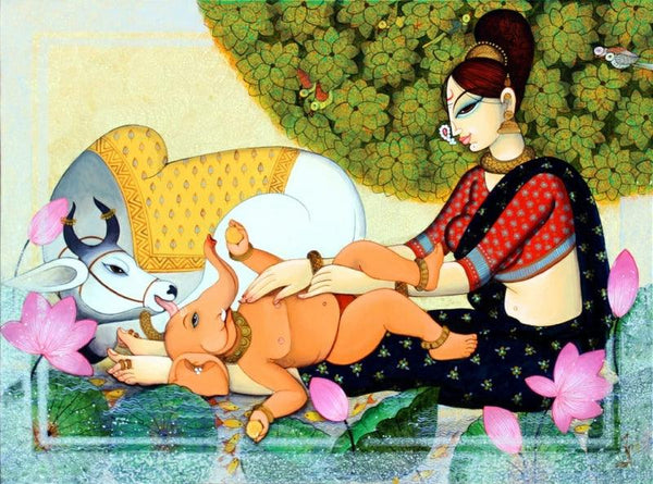 Religious acrylic painting titled 'Ganesha With Mother', 30x40 inches, by artist Varsha Kharatamal on Canvas