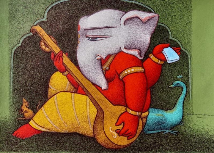 Religious mixed media painting titled 'Ganesha With Musical Instrument', 8x12 inches, by artist Mohammed Suleman on Canson Paper