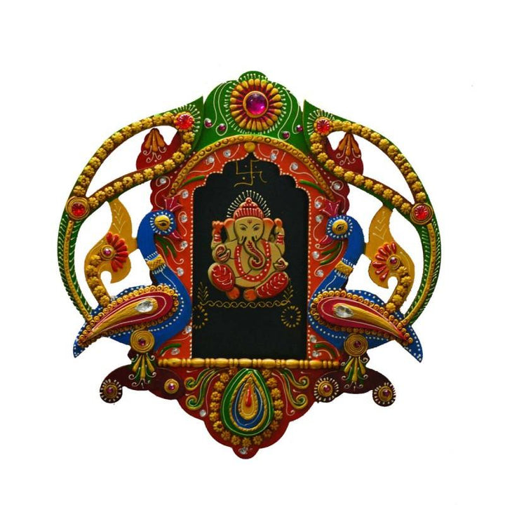 Lifestyle craft titled 'Ganesha with Peocock Wall Hanging', 14x14x2 inches, by artist E Craft on Paper