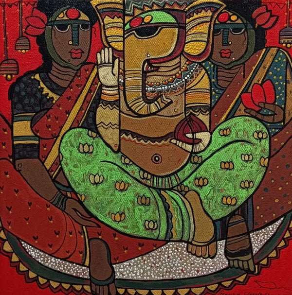 Religious acrylic painting titled 'Ganesha Without Riddhi Siddhi', 12x12 inch, by artist Priyanka Chivte on Canvas