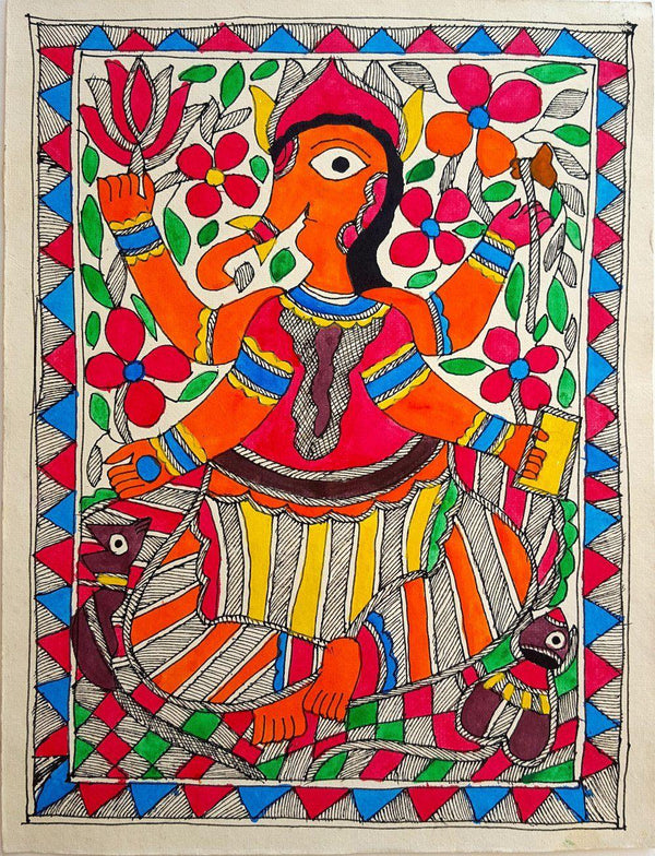 Folk Art madhubani traditional art titled 'Ganeshas Blessings', 15x11 inches, by artist Moti Devi on Handmade Paper