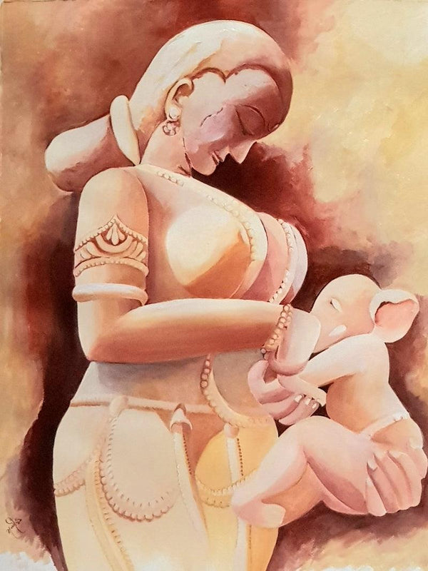 Religious acrylic painting titled 'Ganeshjanani', 30x23 inches, by artist Rakhi Chanda on Paper