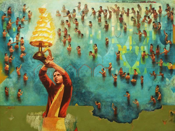 Religious acrylic oil painting titled 'Ganga Aarati', 54x72 inches, by artist Sanjib Gogoi on Canvas