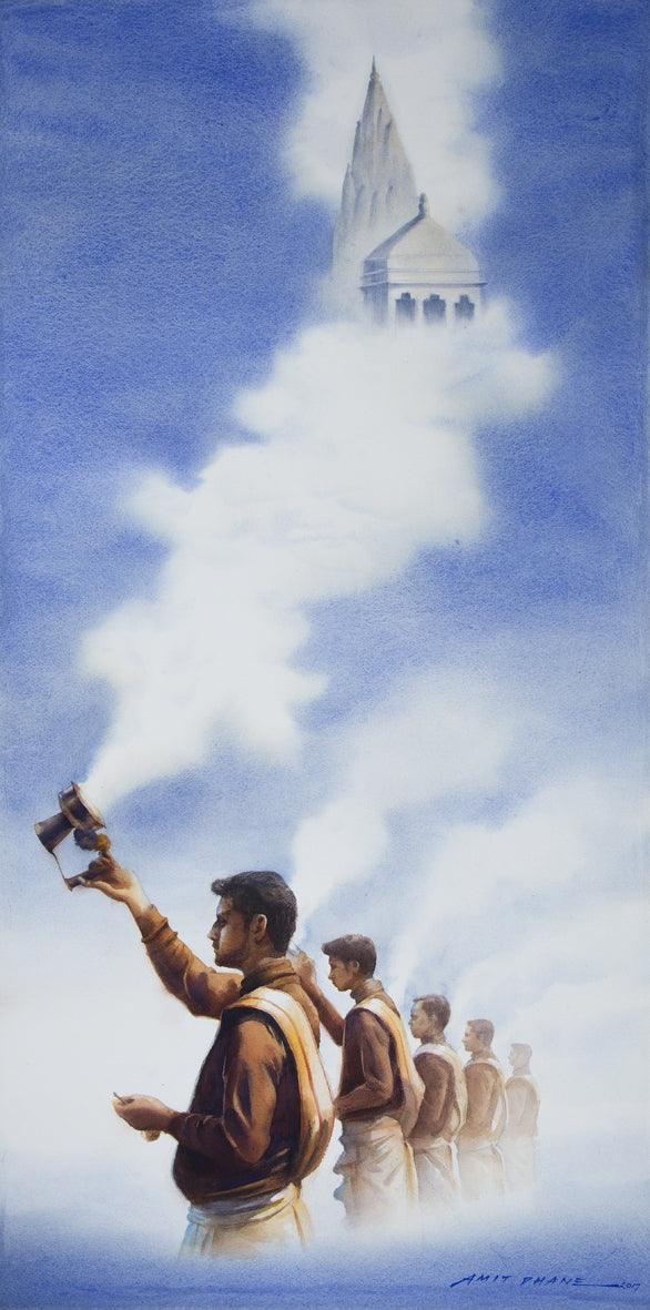 Religious watercolor painting titled 'Ganga Aarti', 45x23 inches, by artist Amit Dhane on Paper