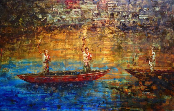 Religious oil painting titled 'Ganga Aarti Series', 24x38 inches, by artist Rajender Bharti on Linen Canvas