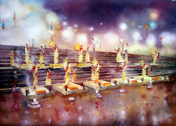 Landscape watercolor painting titled 'Ganga Arti', 18x12 inches, by artist Asit  Singh on Paper