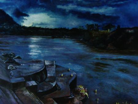 Landscape oil painting titled 'Ganga At Dusk', 22x18 inches, by artist Manjula Dubey on Canvas