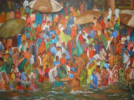 Landscape acrylic painting titled 'Ganga Bathing Ghats', 36x24 inches, by artist Manjula Dubey on Canvas