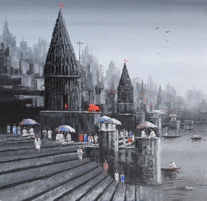 Cityscape acrylic painting titled 'Ganga Ghat 1', 36x36 inches, by artist Reba Mandal on Canvas