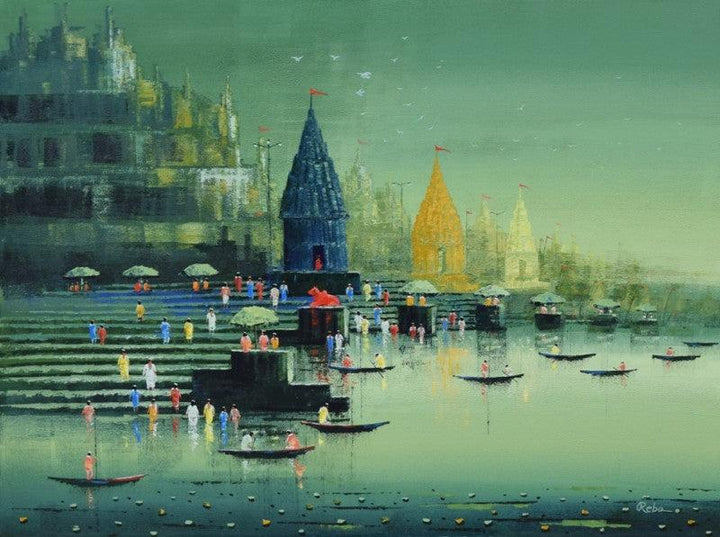 Cityscape acrylic painting titled 'Ganga Ghat 10', 36x48 inches, by artist Reba Mandal on Canvas