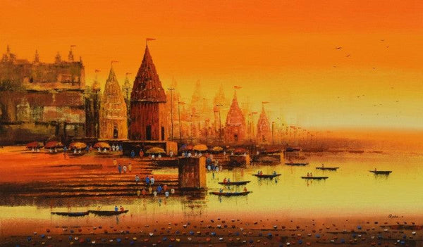 Cityscape acrylic painting titled 'Ganga Ghat 11', 36x60 inches, by artist Reba Mandal on Canvas