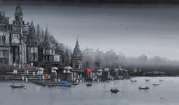 Cityscape acrylic painting titled 'Ganga Ghat 13', 36x60 inches, by artist Reba Mandal on Canvas