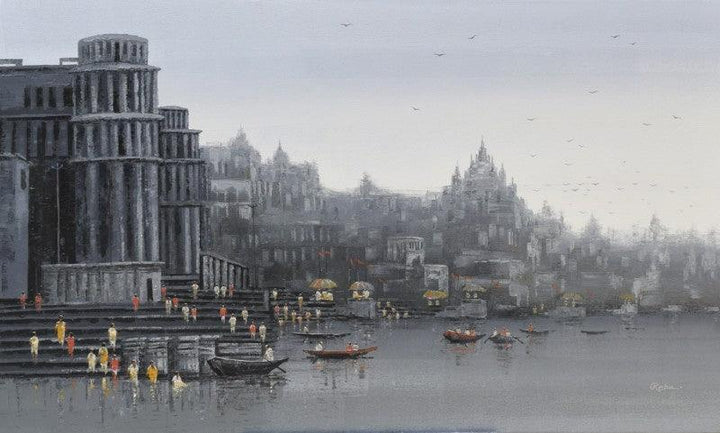 Cityscape acrylic painting titled 'Ganga Ghat 14', 36x60 inches, by artist Reba Mandal on Canvas