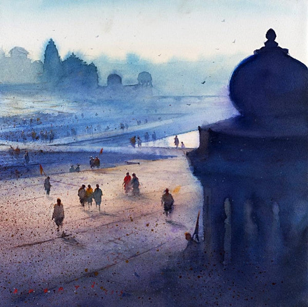 Cityscape watercolor painting titled 'Ganga Ghat 2', 12x12 inches, by artist Nilesh Bharti on Paper