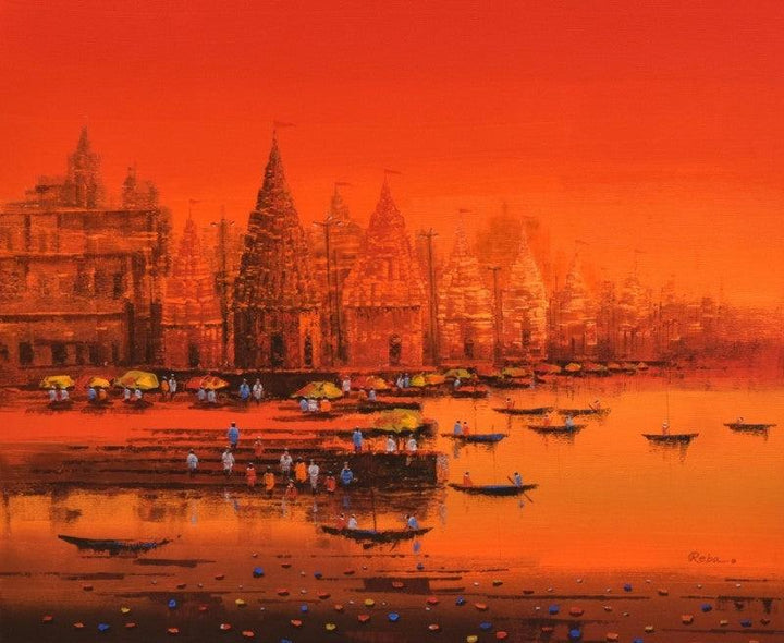 Cityscape acrylic painting titled 'Ganga Ghat 3', 30x36 inches, by artist Reba Mandal on Canvas