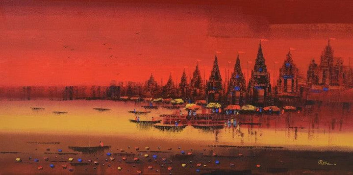 Cityscape acrylic painting titled 'Ganga Ghat 4', 24x48 inches, by artist Reba Mandal on Canvas