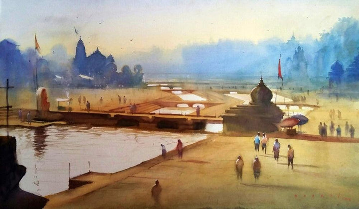 Cityscape watercolor painting titled 'Ganga Ghat 5', 21x36 inches, by artist Nilesh Bharti on Paper