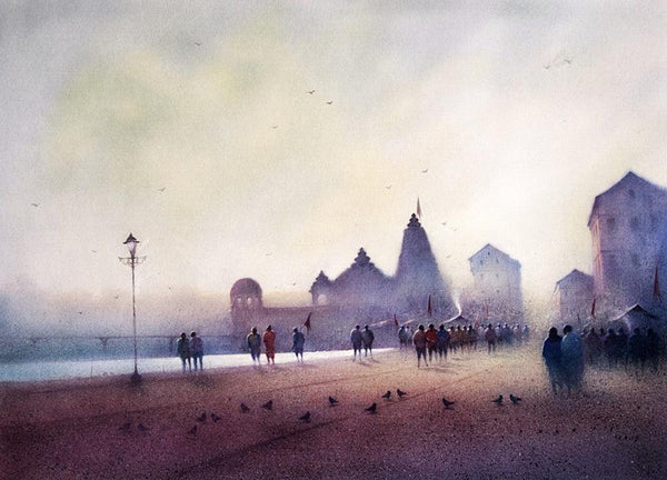 Cityscape dry pastel painting titled 'Ganga Ghat 6', 26x36 inches, by artist Nilesh Bharti on Paper