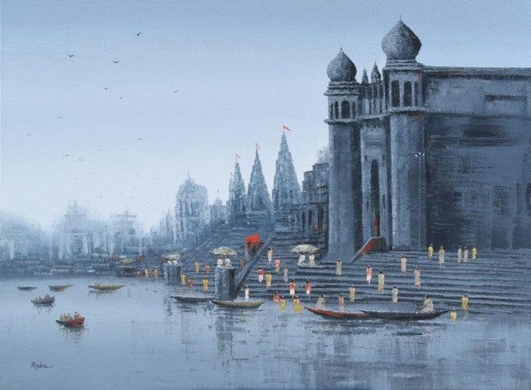 Cityscape acrylic painting titled 'Ganga Ghat 7', 36x48 inches, by artist Reba Mandal on Canvas