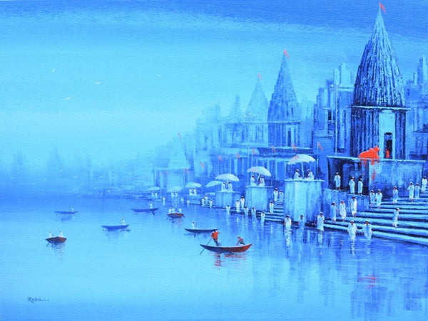 Cityscape acrylic painting titled 'Ganga Ghat 8', 36x48 inches, by artist Reba Mandal on Canvas