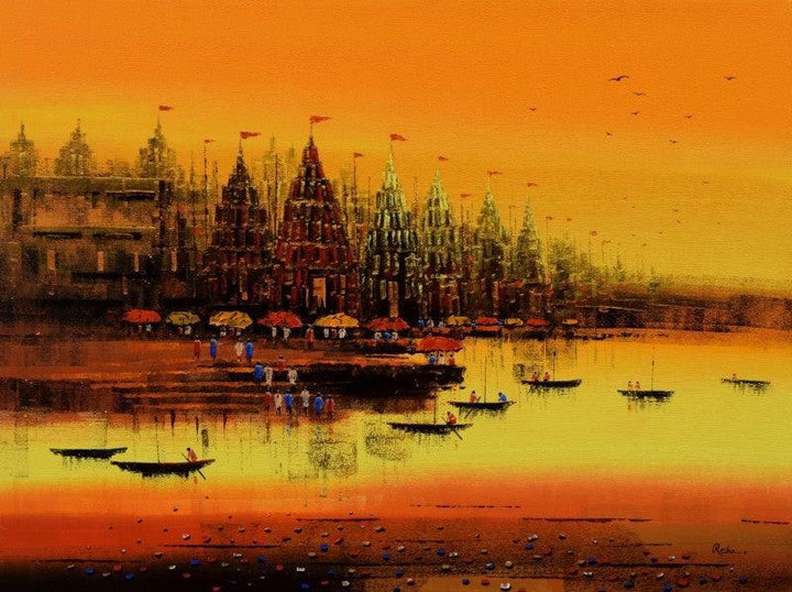 Cityscape acrylic painting titled 'Ganga Ghat 9', 36x48 inches, by artist Reba Mandal on Canvas