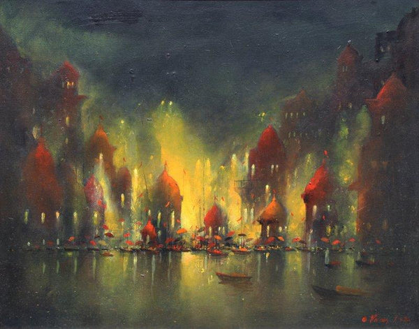 Landscape acrylic painting titled 'Ganga Ghat', 30x40 inches, by artist Parag Adhikari on canvas