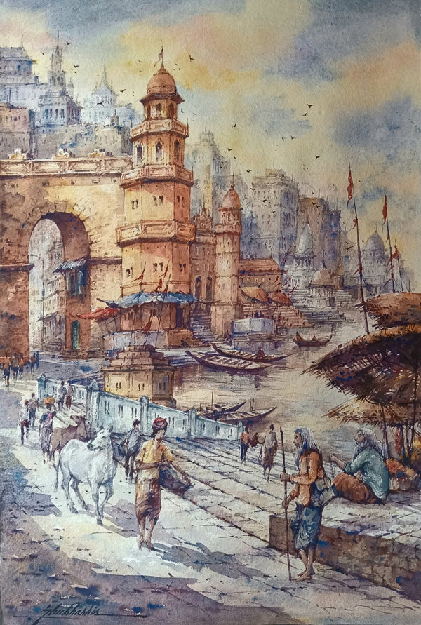 Religious watercolor painting titled 'Ganga Ghat In Banaras 4', 22x15 inch, by artist Shubhashis Mandal on Handmade Paper