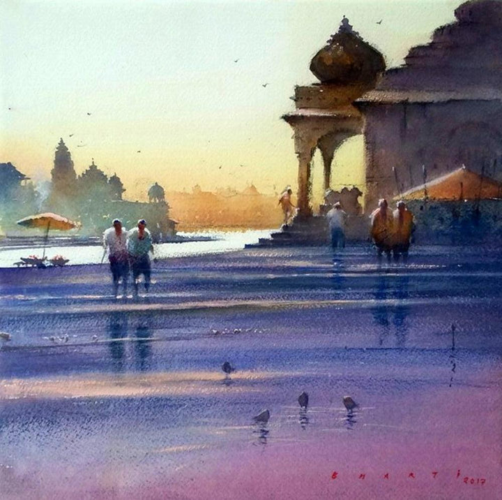 Cityscape watercolor painting titled 'Ganga Ghat In Reflection', 12x12 inches, by artist Nilesh Bharti on Paper