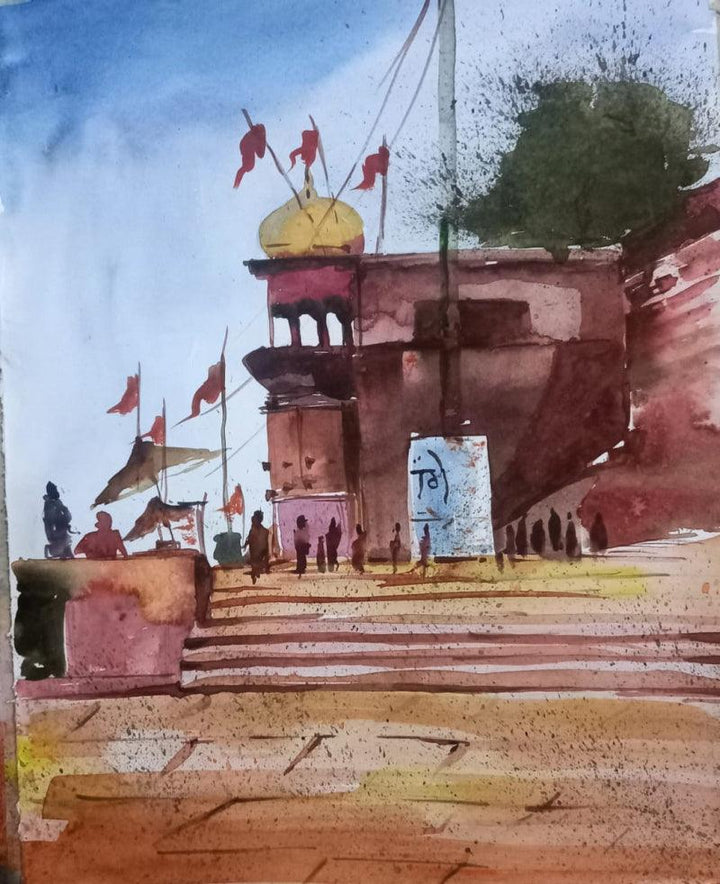 Place watercolor painting titled 'Ganga Ghat KASHI', 14x11 inches, by artist Ca Pratim Chatterjee on PAPER