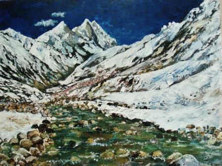 Landscape acrylic painting titled 'Ganga Mountain River', 24x18 inches, by artist Manjula Dubey on Canvas