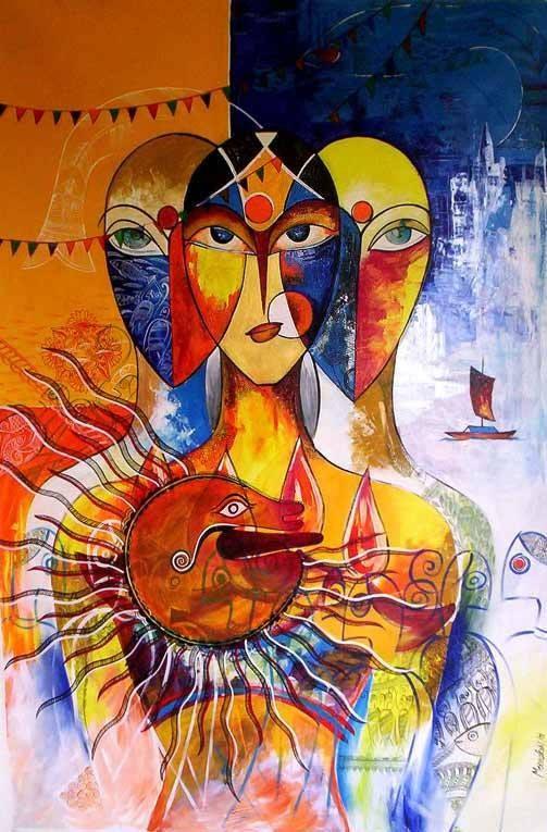 Figurative acrylic painting titled 'Ganga Pooja', 36x48 inches, by artist Meenakshi Jha Banerjee on Canvas