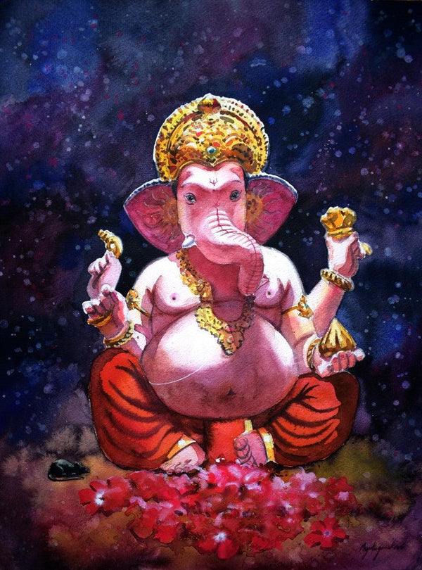 Religious watercolor painting titled 'Ganpati', 14x19 inches, by artist Mayur Heganekar on Paper