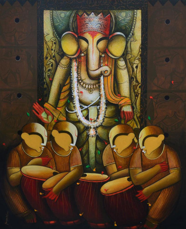 Religious acrylic painting titled 'Ganpati bapaa', 60x48 inches, by artist Anupam Pal on canvas