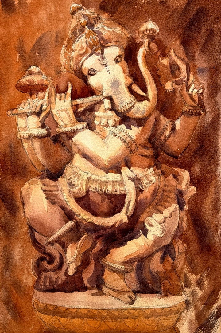 Religious watercolor painting titled 'Ganpati Ji', 18x12 inch, by artist Achintya Hazra on Paper