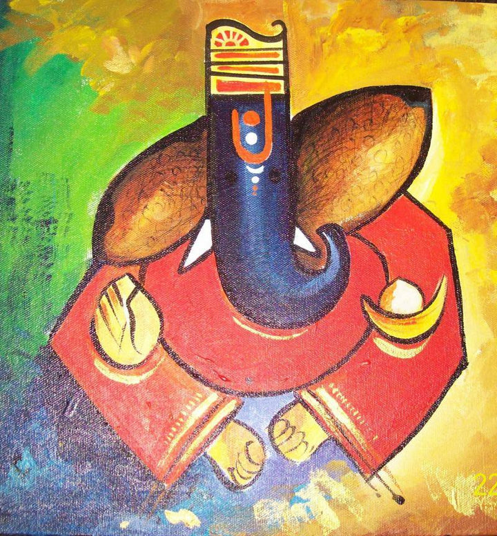 Religious acrylic painting titled 'Ganpati Painting', 12x12 inches, by artist Sanjay Raut on Canvas