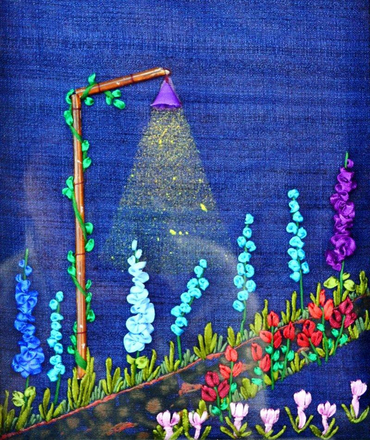 Nature mixed media titled 'Garden At Night', 9x11 inches, by artist Mohna Paranjape on Cloth