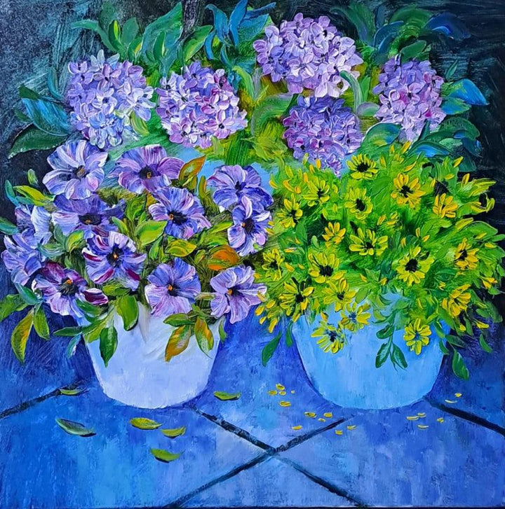 Nature oil painting titled 'Garden Beauty', 24x24 inches, by artist Swati Kale on Canvas